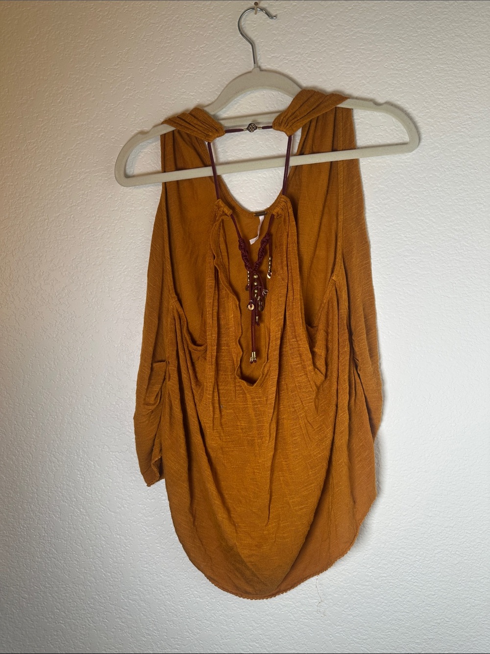 Free People Bohemian Sleeveless Mustard Tunic Top with Drawstring Detail